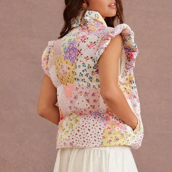 Boho Floral Print Front Tie Puff Sleeve Quilted Puffer Vest - Picture 4 of 7